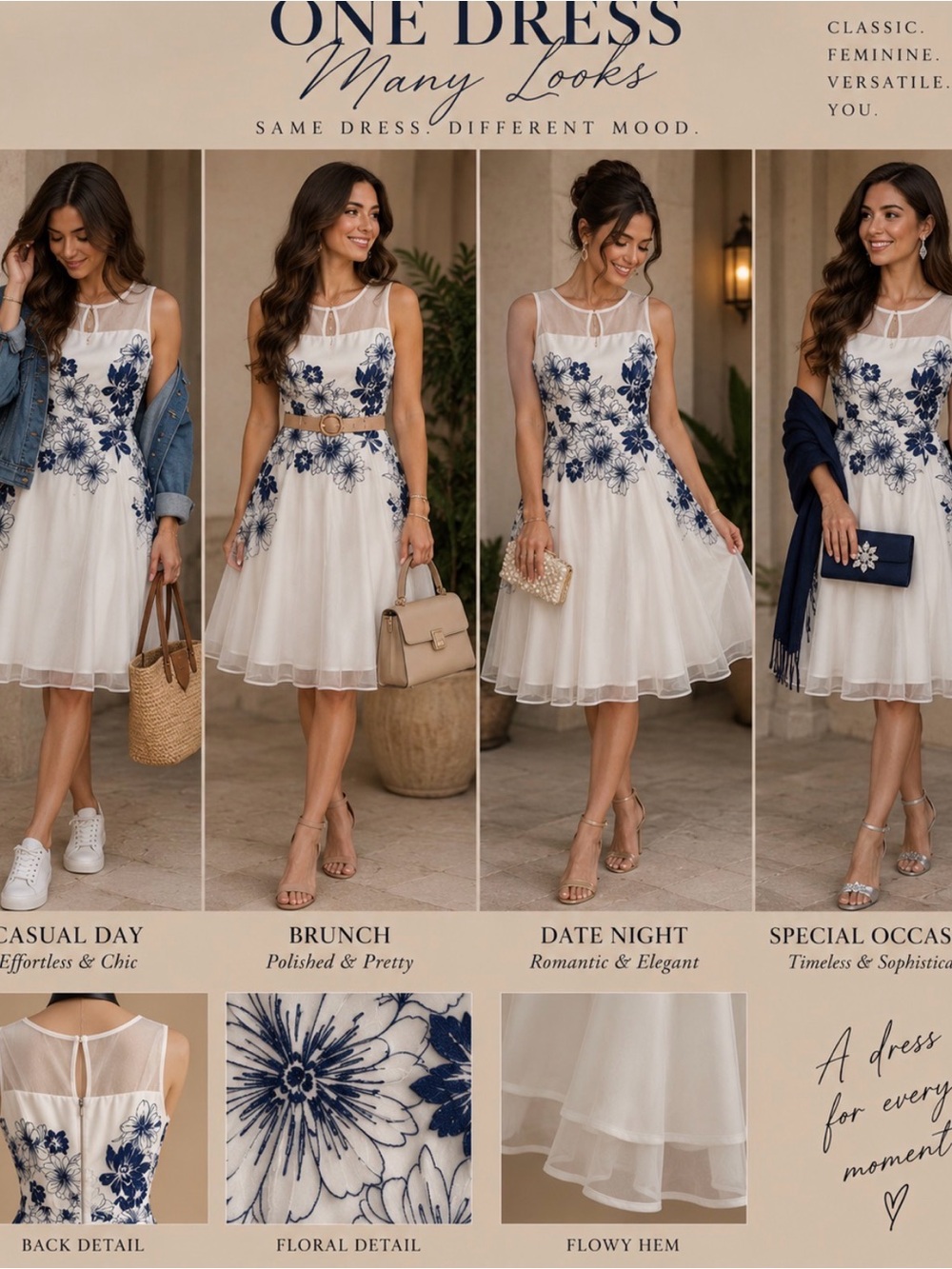 Homecoming Wedding Sleeveless White Midi Dress with Blue Floral Embroidery